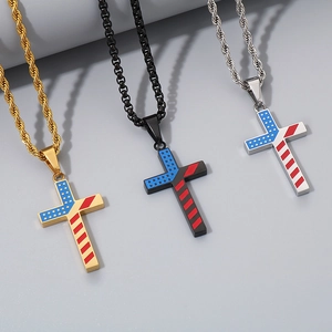 Titanium steel cross necklaces with USA flag design in gold, black and silver finishes