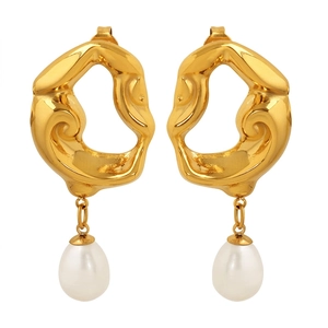 French Retro Irregular Lava Drop Earrings 18K Gold Plated Stainless Steel With Freshwater Pearl Vintage Luxury For Women