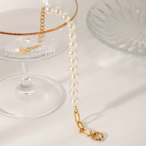 18K gold plated stainless steel pearl and paperclip chain bracelet for women