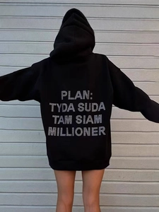 Oversized black hoodie for women with rhinestone lettering on back and cozy fleece lining