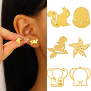 Stainless Steel Animal Ocean Stud Earrings For Women Gold Plated Mermaid Starfish Seahorse Crab Elephant Cactus Squirrel Jewelry