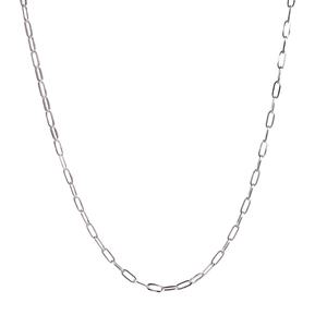 Detail of silver paperclip chain necklace in stainless steel with polished finish