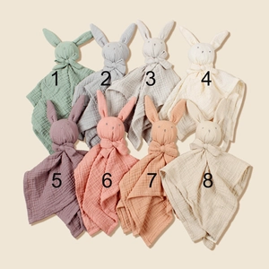Detail of 8 Morandi colors of cotton muslin baby bunny comforter blankets