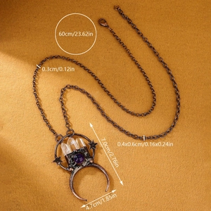 Vintage bronze crescent moon necklace with purple amethyst and clear quartz crystals