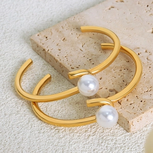 Minimalist gold-plated titanium steel open bangles with elegant white pearls for women