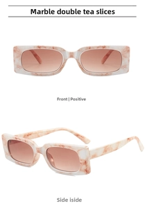 Front and side view of pink marble texture rectangular sunglasses with gradient lenses