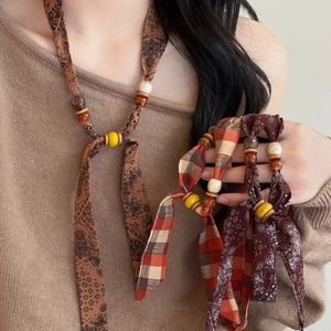 Bohemian Fabric Beaded Necklace Vintage Ethnic Paisley Floral Print Resin Wood Bead Long Sweater Chain For Women