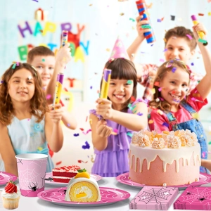 Pink spider web party tableware set with plates and napkins for birthday celebration