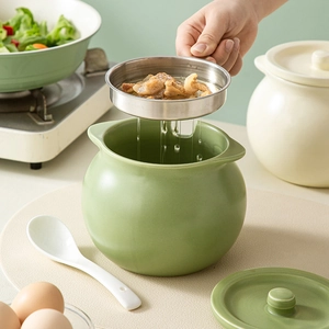 Green ceramic oil strainer pot with stainless steel mesh for kitchen lard storage