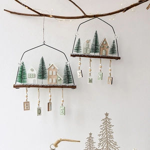 Nordic wooden house hanging ornaments with Home and Xmas signs for Christmas tree decor