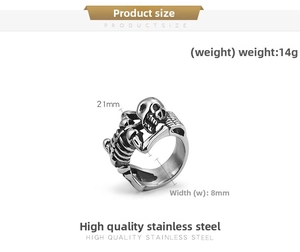 Detail view of gothic skull ring with dimensions 21mm diameter and 14g weight