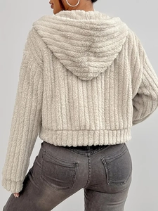 Back view of women's fluffy cropped hoodie jacket with wide vertical stripes in beige