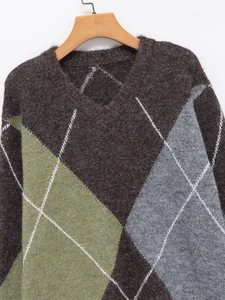 Close-up of soft argyle knit texture with brown and green diamond patterns on the sweater
