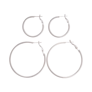 Minimalist silver geometric circular hoop earrings in two sizes on white background