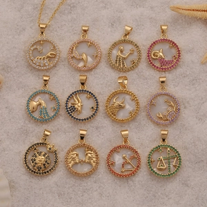 Golden 12 zodiac pendant necklace set with mother of pearl and colorful gemstones