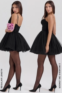 Detail view comparing regular and 5cm longer length of the black mesh tutu dress