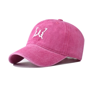 Rose pink washed cotton baseball cap with white butterfly embroidery and vintage style