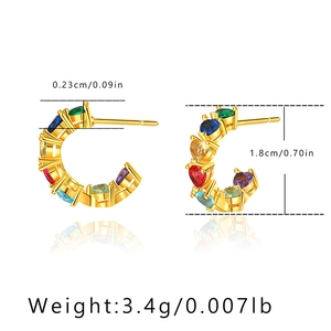 Detailed size view of C-shaped 18K gold-plated earrings with colorful zircon stones