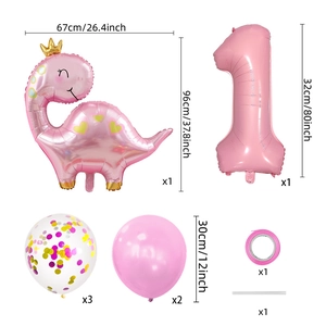 Pink crown dinosaur balloon set with number 1 and confetti balloons for girl's 1st birthday