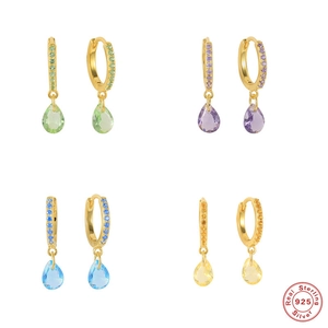 Pear Cut Colorful Zircon Drop Earrings 925 Sterling Silver Gold Plated Geometric Huggie Hoop Jewelry For Women