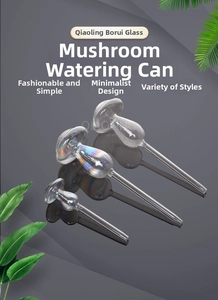 Three mushroom-shaped glass watering bulbs with iridescent finish and clear texture