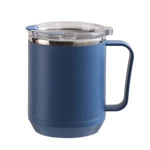 Mug à café en acier inoxydable 304 bleu foncé avec poignée et couvercle transparent