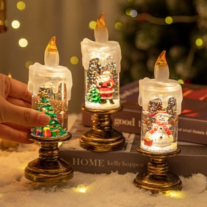 LED Christmas candle lantern with Santa, snowman and tree scenes in liquid glitter