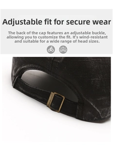 Detail of adjustable bronze metal buckle and washed canvas texture on vintage baseball cap
