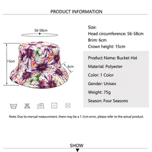 Detailed sizing chart and specifications for the tie-dye bucket hat with 56-58cm brim size