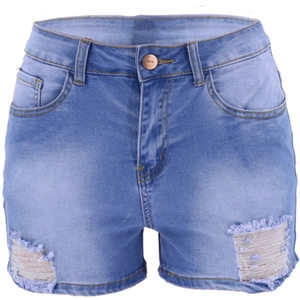 High-waisted ripped denim shorts in light blue wash with frayed hem and five pockets