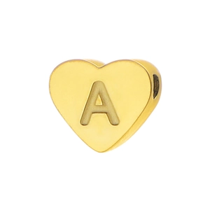 Detailed view of a gold plated stainless steel heart bead with engraved letter A