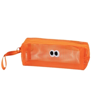 Cute orange mesh pencil case with cartoon eyes embroidery and portable strap