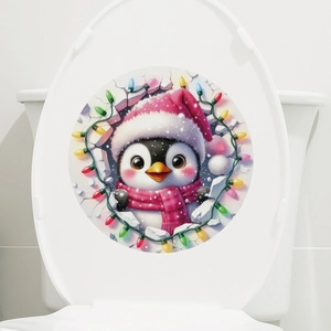 Christmas penguin toilet seat sticker with festive lights and colorful scarf decoration