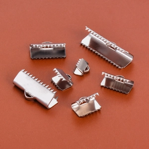 Silver stainless steel ribbon crimp ends set for DIY jewelry making in various sizes