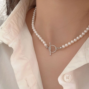 French style 925 sterling silver OT necklace featuring white pearls and T-bar toggle