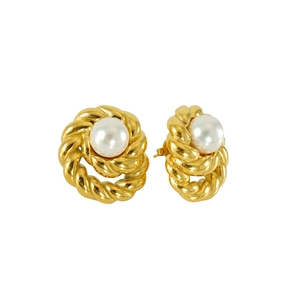 Vintage gold stainless steel earrings with twisted rope design and white pearls