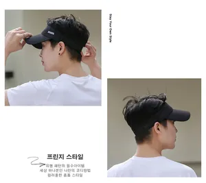 Detail view of adjustable black sports visor featuring side label and lightweight material