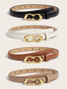 Close-up of four women's PU leather belts in black, white, brown, and beige with gold buckles