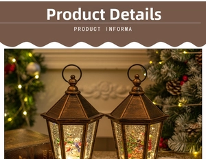 Close-up of retro bronze Christmas lanterns with snowman and Santa scenes and warm LED lights