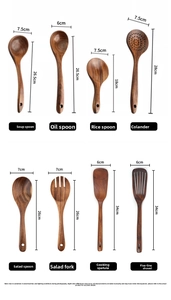 Size chart showing dimensions for eight teak wood cooking utensils including spatulas and spoons