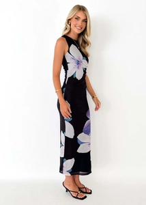 Detailed side view of slim fit black sleeveless maxi dress with bold floral patterns