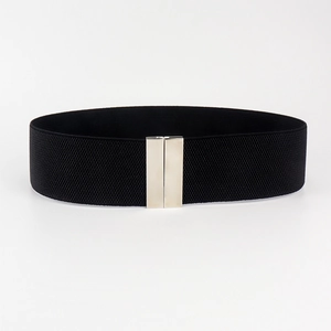 Detail of 5cm black elastic waist belt with silver rectangular buckle for women