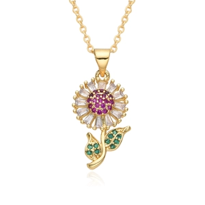 Luxury gold sunflower necklace with purple and green zircon crystals on a delicate chain