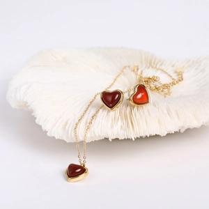 18K gold plated stainless steel heart necklace and earrings set with red agate inlay