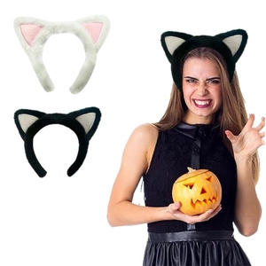 Cerchietti con orecchie di gatto in peluche nero e bianco per travestimenti di Halloween