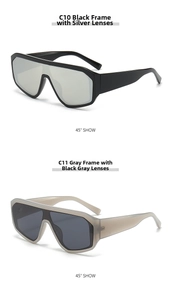 Detail view of fashion shield sunglasses with black silver and grey transparent frames