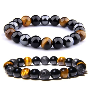 8mm Hematite Obsidian Tiger Eye beaded energy bracelets stacked on white background