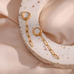 Detailed close-up of 18K gold-plated stainless steel paperclip chain earrings on silk