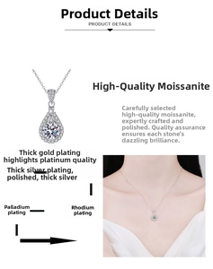 Macro detail of rhodium-plated sterling silver necklace with teardrop moissanite pendant