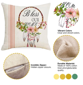 Detail of floral linen cushion cover showing invisible zipper and vibrant fabric texture